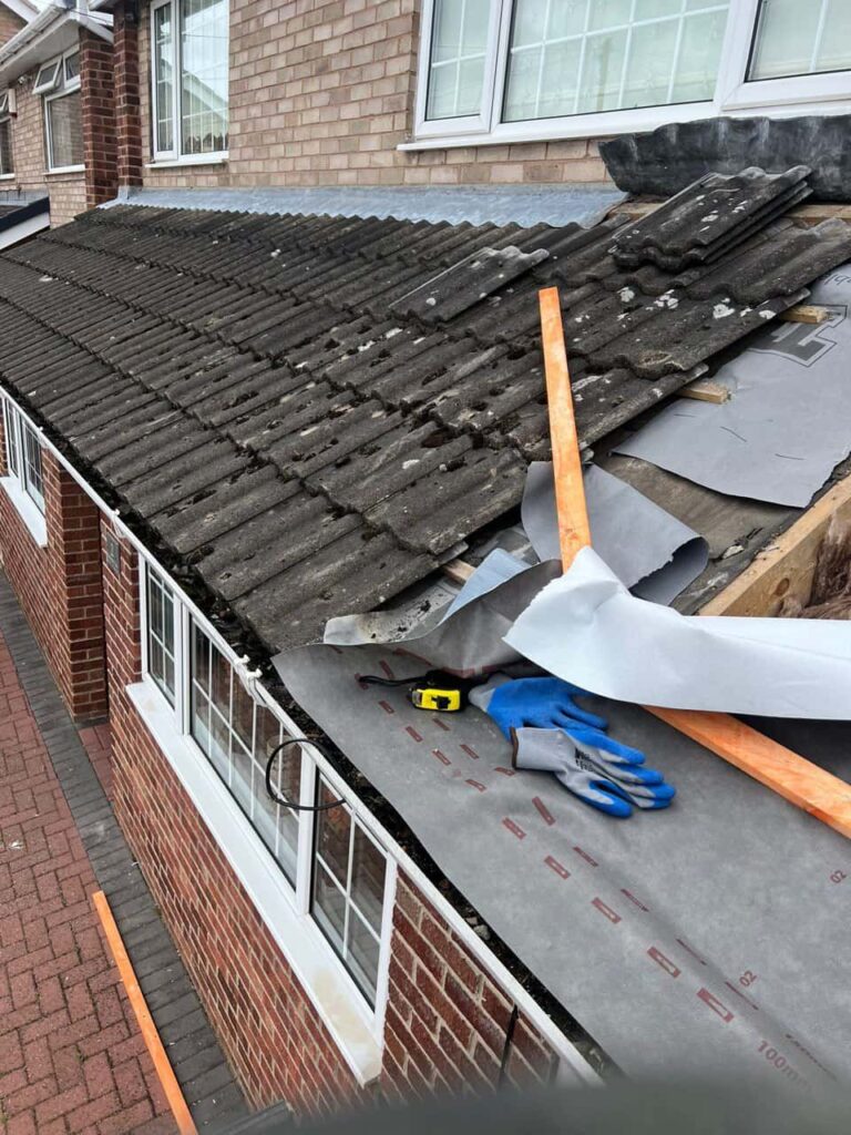 This is a photo of a pitched roof which is being repaired. The existing roof was leaking badly. Works carried out by Hucknall Roofing Repairs